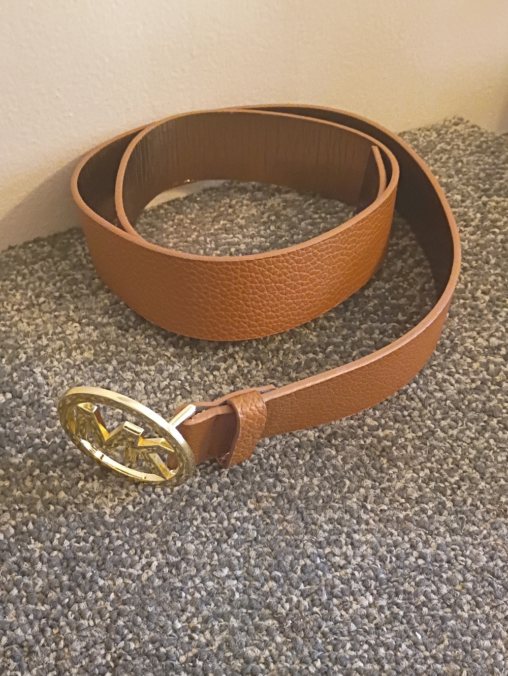 Michael Kors Tan Leather Belt with Gold MK Logo Buckle